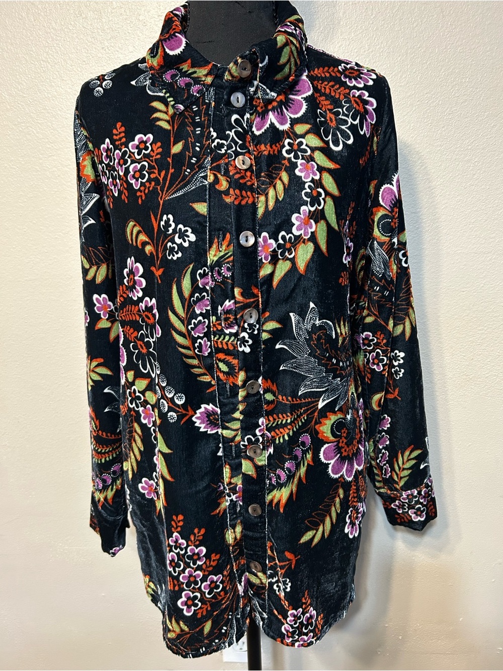 Soft Surroundings Floral Velvet Button Down Shirt S Black Whimsigoth Boho Tunic